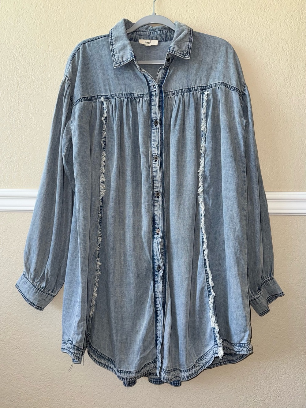 Easel 100% Tencel Boho Chambray Longline Button Down Long Sleeve Tunic Top Mediu